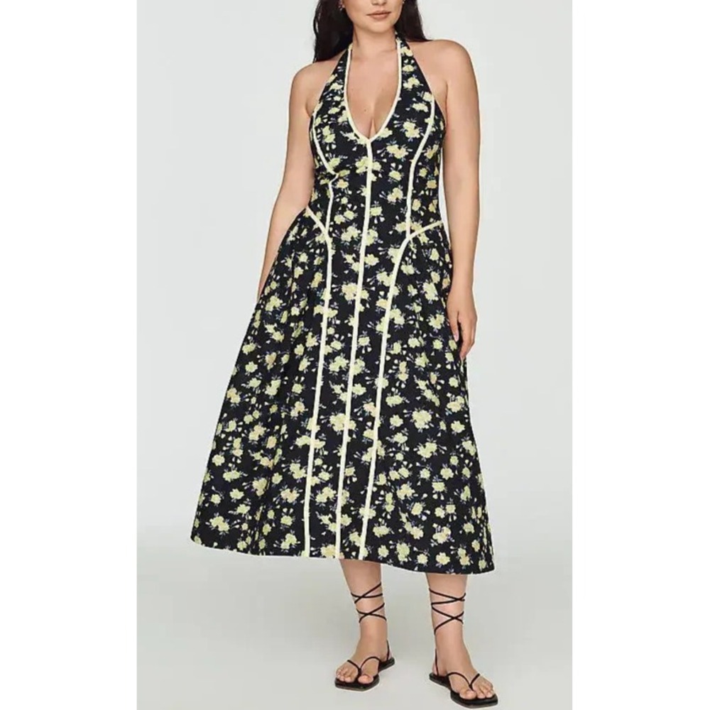 NEW Maeve Anthropologie Halter Fit & Flare Midi Dress Black Yellow Floral 3X - Picture 3 of 16